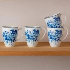 16 oz. White/Blue Blossom Road White Porcelain Mugs (Set of 4) by Noritake -Cheap Noritake Store noritake coffee cups mugs 1732 484d 31 1000