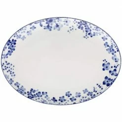 14 in. White/Blue Bloomington Road White Porcelain Oval Platter by Noritake
