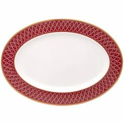 14 in. Crochet White and Deep Red, Bone China Oval Platter by Noritake