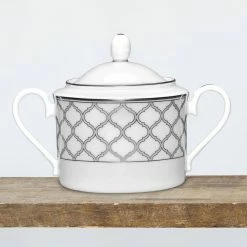 Eternal Palace White and Platinum White Porcelain Sugar with Cover, 11 oz. by Noritake -Cheap Noritake Store noritake sugar bowls 1717 422 4f 1000