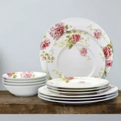 Peony Pageant White Bone China 12-Piece Dinnerware Set (Service for 4) by Noritake -Cheap Noritake Store pink white noritake dinnerware sets 4963 12e 31 1000