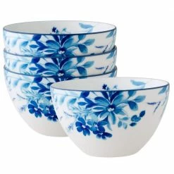 6 in., 29.5 oz. White/Blue Blossom Road White Porcelain Cereal Bowls (Set of 4) by Noritake