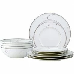 Platinum Wave White/Platinum Porcelain 12-Piece Dinnerware Set (Service for 4) by Noritake