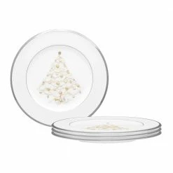 Palace Christmas 8.5 in. Platinum White Bone Set of 4 Holiday Accent Plates by Noritake