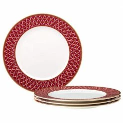 Crochet White and Deep Red, Bone China Set of 4 Dinner Plates, 11 in. by Noritake